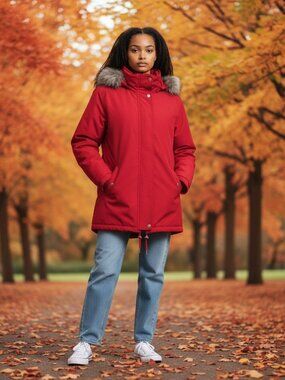 Preston York Womens Small Red Fox Fur Trim Hooded Full Zip Parka Coat Jacket S